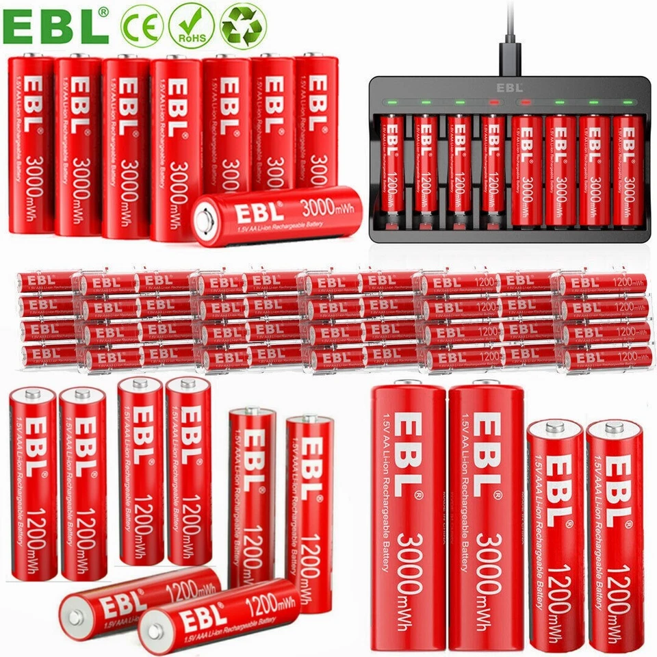 EBL 1,5V wiederaufladbare AA AAA Lithium Li Ionen Batterien /Akkus ladegerät DE - Bild 1 von 4