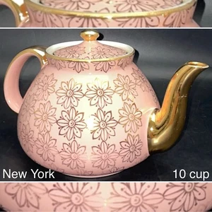 Hall China Pink New York Rare 10 Cup Gold Label Flower Daisies Teapot c1950s USA - Picture 1 of 23