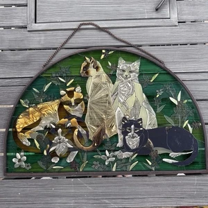 Vintage Joan Baker Tiffany Katze Buntglas hängende Fensterscheibe 21,5”x13,75” - Bild 1 von 3