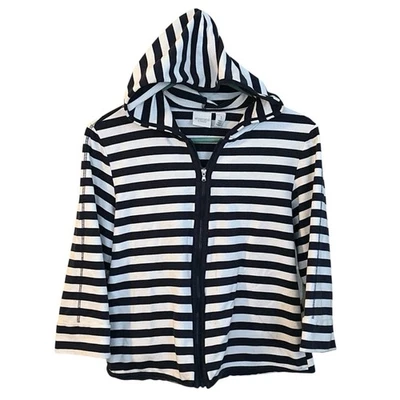 Weekends by Chicos Women’s Hoodie Sz 1 (M) Navy & White Striped ¾ Sleeve Zip Top - Image 1 of 4