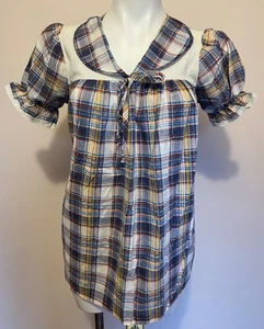 Vtg Sears Babydoll Top Blouse Plaid Puff Lace Sleeve Cottage Peasant 70s 80s M/L - Picture 1 of 4