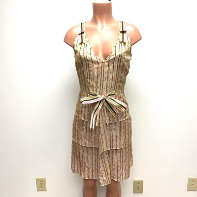 Vestido De Colección Cynthia Rowley Crema Negro Rayas Floral Seda Cuello en V Lazo en Niveles 6 Nuevo Foto 1 de 4