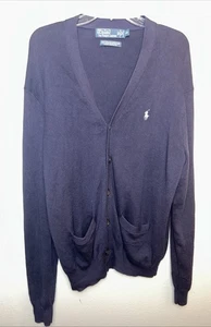 Vintage Polo Ralph Lauren Navy Pima Cotton VNeck 5 Butt Cardigan Sweater Men L - Picture 1 of 4
