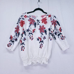Kindred Anthropologie weiß Blumen bestickt 3/4 Ärmel gesmoktes Unterteil Top S - Bild 1 von 14