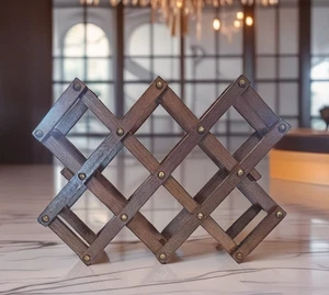 Vintage Wooden Folding Accordion Wine Rack Brass Studs Sturdy Quality 21" X 15" - Picture 1 of 9