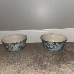 2 ADELAIDE Soup Cereal Bowl Turquoise By 222 Fifth 5-3/4" Floral Bird - Picture 1 of 3