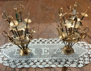 Vintage Set Of 2 Toledo Spain Brass Cocktail Skewers-  12 Swords Each - Picture 1 of 12
