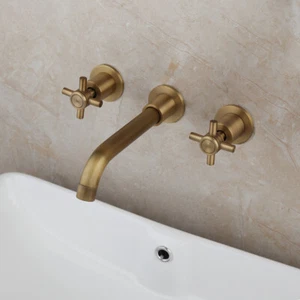 Juego de grifos mezcladores de montaje en pared pico doble mango cruzado grifo baño latón antiguo - Imagen 1 de 9