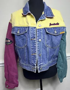 Vintage Jordache Jean Jacket Multi Colorblock Long Sleeve Cropped L - Picture 1 of 17