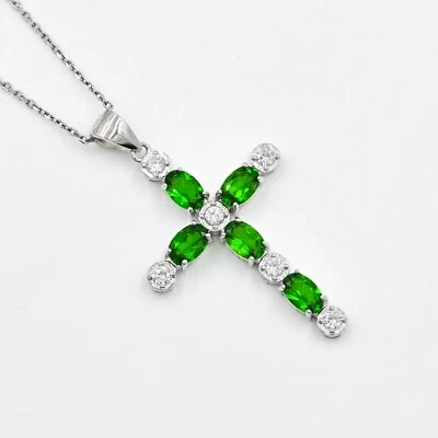 Natural Chrome Diopside Cross Pendant 925 Sterling Silver November Birthstone - Image 1 of 4