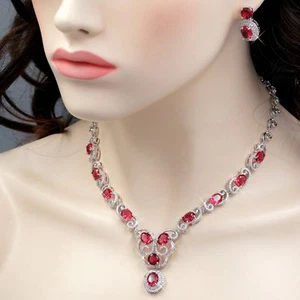 White Gold Plated Red Cubic Zirconia Necklace Earrings Wedding Jewelry Set 00760 - Picture 1 of 8