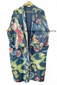 Mujer Invierno Estampado Pavo Real Azul Indio Algodón Puro Kantha Chaqueta Larga Media - Imagen 1 de 6