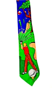 necktie Nicole Miller GOLFING sandpit golfer 100% silk 1992 Korea - Picture 1 of 11