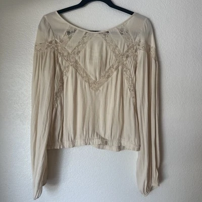 Blusa Free People (Anthropologie) BOHO Crema Encaje Manga Globo, Pequeña Foto 1 de 4