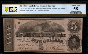 X-Cut Cancelled 1862 $5 RICHMOND Confederate States of America Note! - Picture 1 of 2