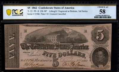 X-Cut Cancelled 1862 $5 RICHMOND Confederate States of America Note! - Image 1 of 2