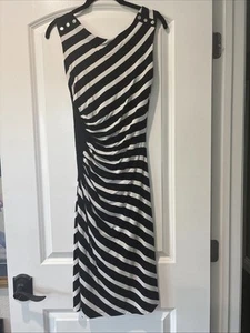 WHBM Dress Womens 0 Black White Stripe Fitted Ruched Lined Stretch Knit Buttons - Picture 1 of 4