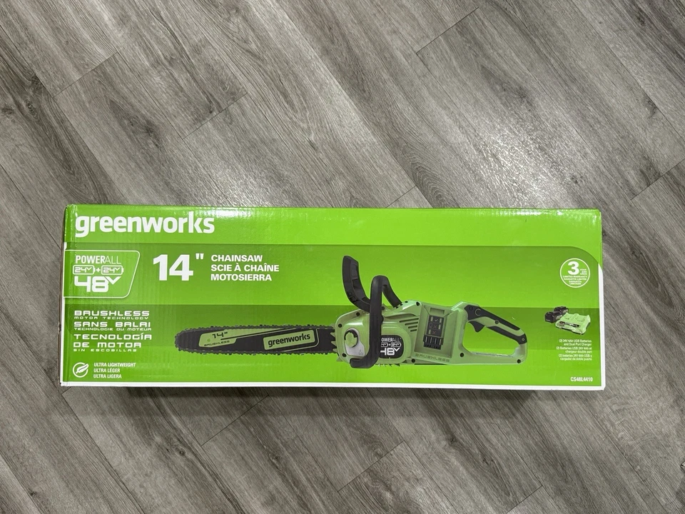 Greenworks 2 x 24V 48V 14 in. Brushless Chainsaw 2 4Ah USB Power Bank Batteri...