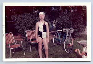 Vintage Photograph Girl Bathing Suit and Swim Cap Bicycle Pink Flamingo Yard Art - Picture 1 of 2