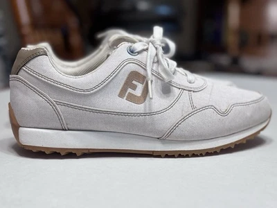 FootJoy Club Casuals 92388 男式高尔夫鞋 7.5 米无钉白色棕褐色帆布 — 第 1/4 张图片