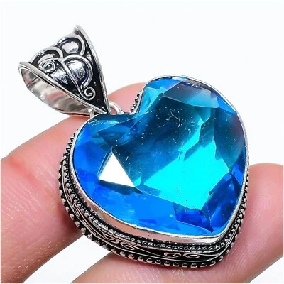 Blue Topaz Gemstone 925 Silver Handmade Pendant,Blue Heart Shape Pendant Jewelry - Image 1 of 4