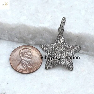 Natural Pave Diamond Star Pendant 925 Solid Silver Necklace 16" Link Chain Charm - Picture 1 of 4