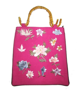 Hot Pink cotton tote Handbag with Bamboo Handles, Embroidered Rose flowers  - Picture 1 of 4