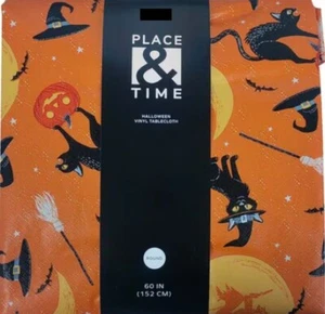 Peva Vinyl Tablecloth, 60" Round, HALLOWEEN WITCHES, BLACK CATS ON ORANGE, P&T - Picture 1 of 5