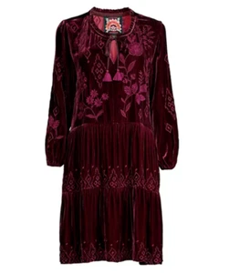$365 JOHNNY WAS Size XL EMBROIDERED IVEY FIELD TIERED VELVET DRESS EGGPLANT NWT - Picture 1 of 9