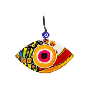Eye Shaped Evil Eye Wall Art, Multi-Color, Fused Glass with Yellow, Pink, and Bl - Picture 1 of 6