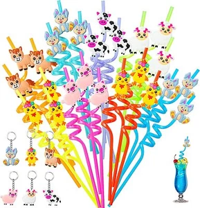 30Pcs Animal Party Favors Farm Animal Drinking Straws Party Keychain Reusable An - Picture 1 of 8