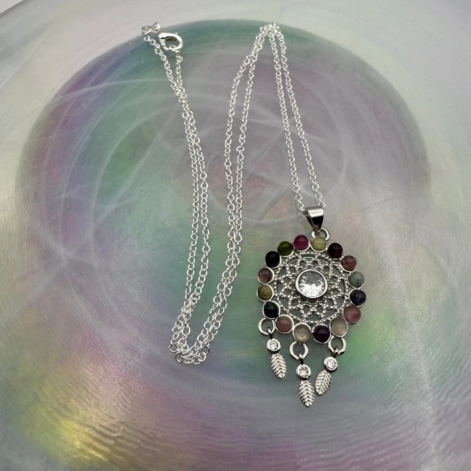 Fluorite Silver Dreamcatcher Necklace Colorful Gemstone Pendant Fashion Jewelry - Image 1 of 1