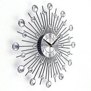 Large Crystal Wall Clock Round Diamond Hanging Metal Wall Watch Home Room Decor - Picture 1 of 12
