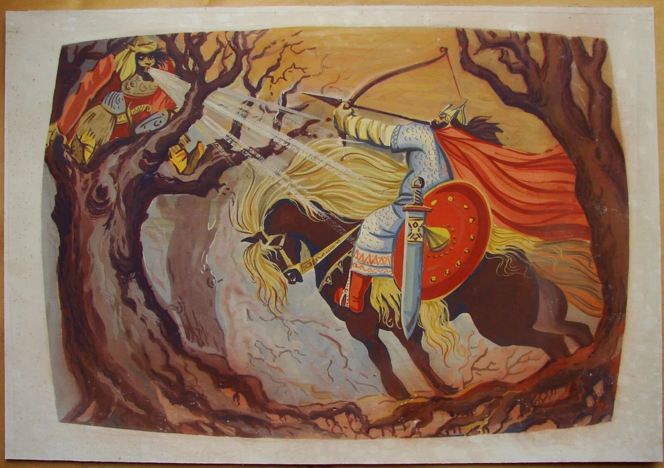 Ucraniano Soviético URSS Gouache Pintura Simbolismo Bogatyr Bylinas Caballero Jinete Foto 1 de 4