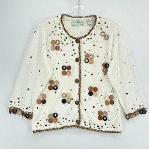 Design Options Circle Charm Cardigan Sweater Womens Medium White Beaded Sequins - Picture 1 of 10