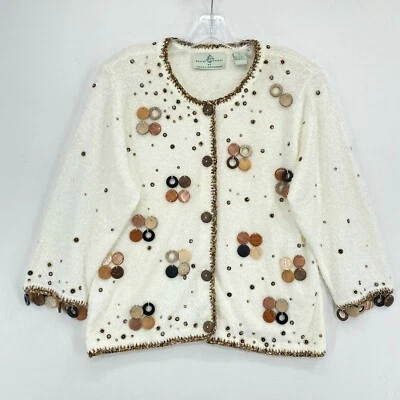 Opciones de Diseño Círculo Dije Cárdigan Suéter Mujer Mediano Blanco Cuentas Lentejuelas Foto 1 de 4