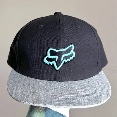Chapéu Snapback Fox Racing Motocross Levantado Grande Logotipo Preto Cinza Azul-petróleo Mistura de Lã Excelente Estado Usado - Imagem 1 de 4
