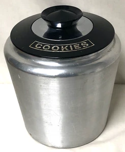 KROMEX BOTE DE GALLETAS DE ALUMINIO HILADO CON TAPA ATÓMICA OVNI NEGRA RETRO MCM - Imagen 1 de 15