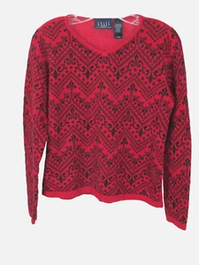 CRAZY HORSE LIZ CLAIBORNE Pullover V Neck Sweater Women L Red Holidays VTG 90's - Picture 1 of 8