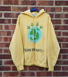 David Goliath yellow hoodie peace peas on Earth pun funny pattern fleece lined M - Picture 1 of 3