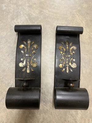 2 Rustic Black Metal Scroll Wall Hanging Pillar Candle Holders Sconces Decor Art - Image 1 of 4