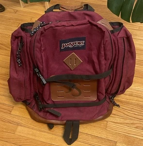 Vintage 90s JanSport Leather Bottom Backpack Day Pack Made in USA Maroon - Picture 1 of 7