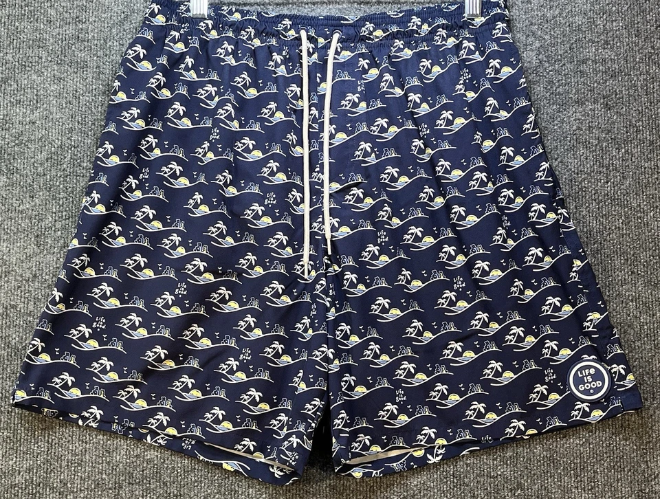 Life is Good Swim Trunks Men’s Large Navy Palm Tree Print Lined Board Shorts Foto 1 de 4