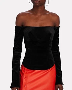 A.L.C - Cassie Velvet Top Off Shoulder Long Sleeve Size 14 Black - Picture 1 of 11