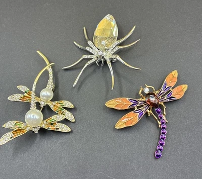 Brooch Pins Rhinestones Dragon Flys  Spider Lot Of 3 Silver Gold Tone Insects - Image 1 of 4