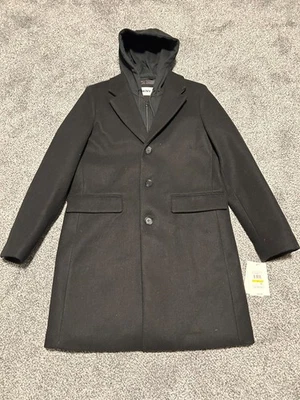 Abrigo negro DKNY para hombre mezcla de lana con capucha extraíble talla mediana NUEVO Foto 1 de 4