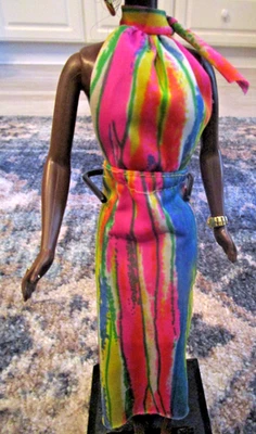 Barbie Vintage: 1978 Best Buy Vestido Tricot Listrado Neon Redemoinho Halter com Fenda 1359 - Imagem 1 de 3