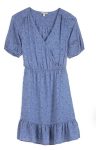 Lucky Brand Mila Dot Print Faux Wrap Ruffled Boho Flowy Dress Womens Medium Blue - Picture 1 of 14