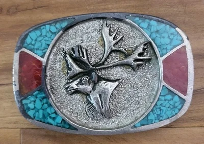 Hebilla de cinturón vintage tono plata, centro de alce, turquesa, unisex, 3 pulgadas de largo, occidental Foto 1 de 4
