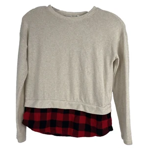 Gap Kids Girl's Long Sleeve Oatmeal Sweater with Buffalo Plaid Hem, Size Lg (10) - Picture 1 of 7